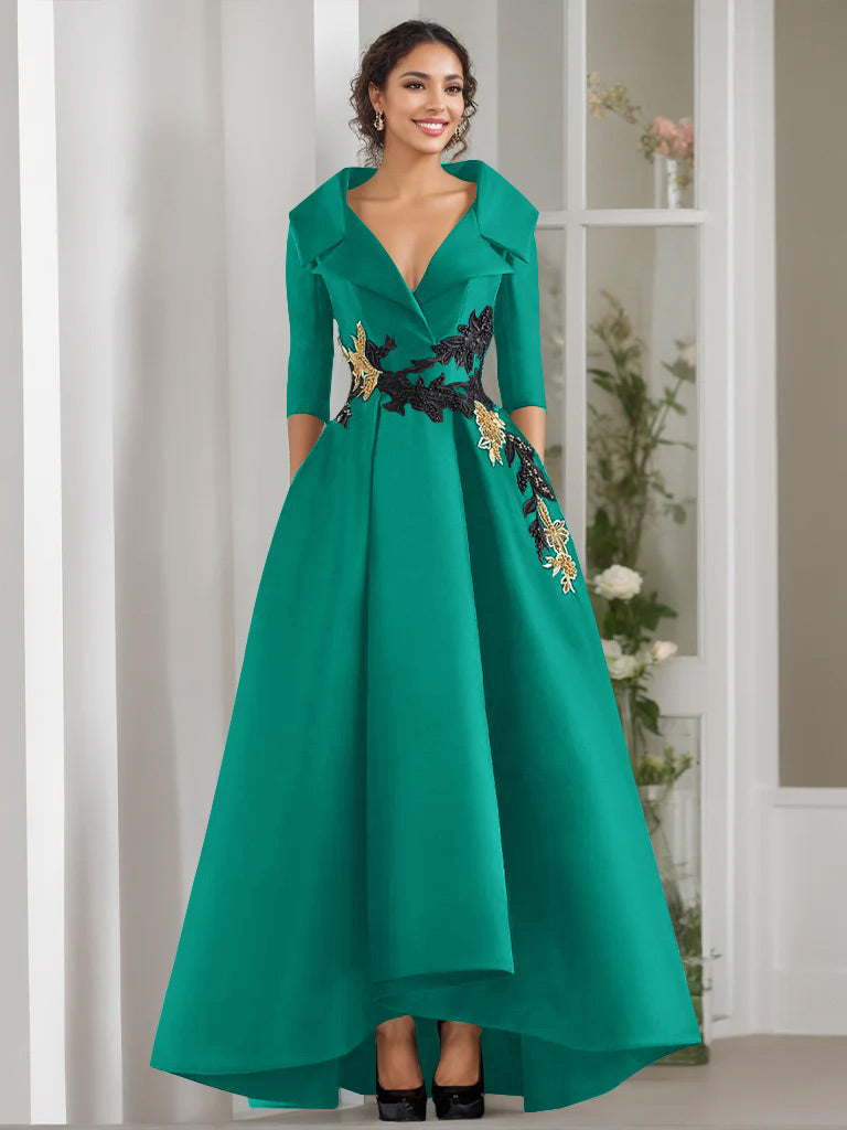 A-Line/Princess V-Neck 3/4 Sleeves Floor Length Mother of the Bride Dresses With Appliques & Beading