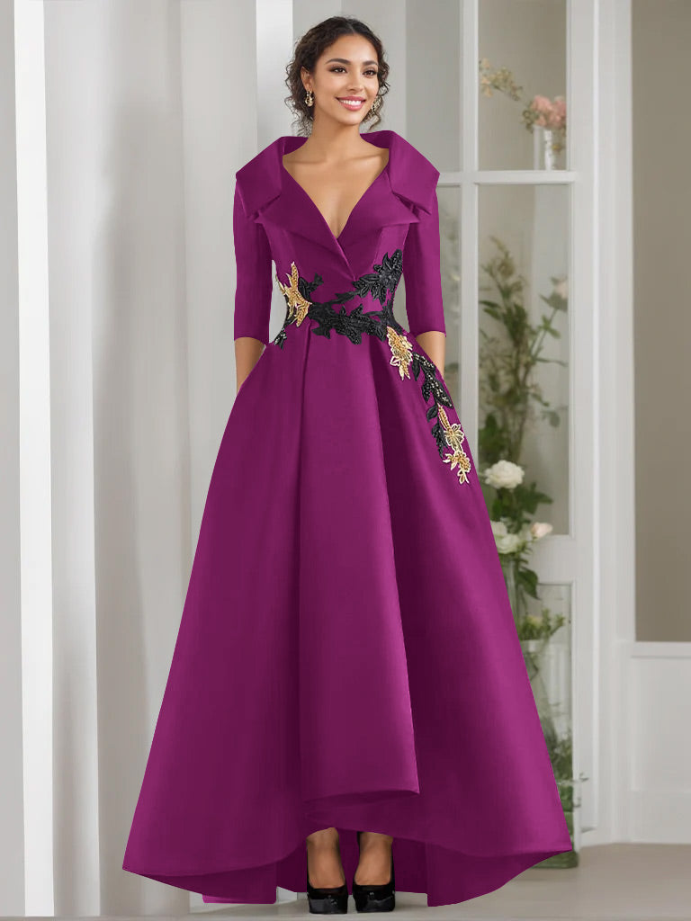 A-Line/Princess V-Neck 3/4 Sleeves Floor Length Mother of the Bride Dresses With Appliques & Beading