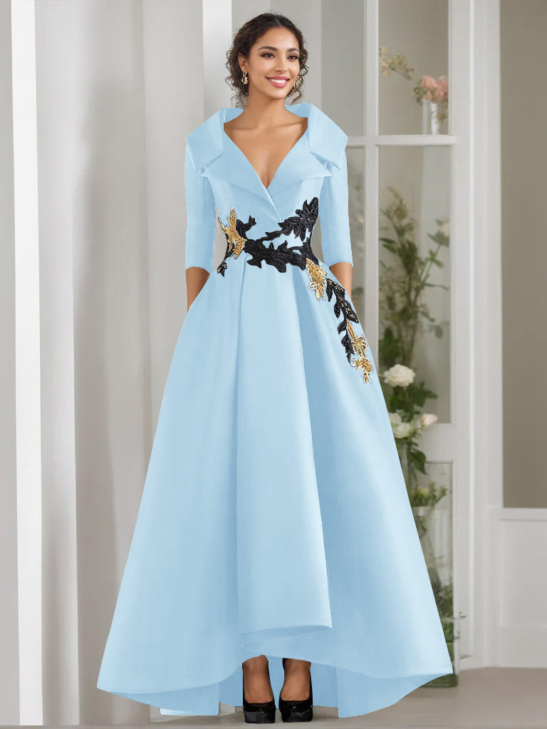 A-Line/Princess V-Neck 3/4 Sleeves Floor Length Mother of the Bride Dresses With Appliques & Beading