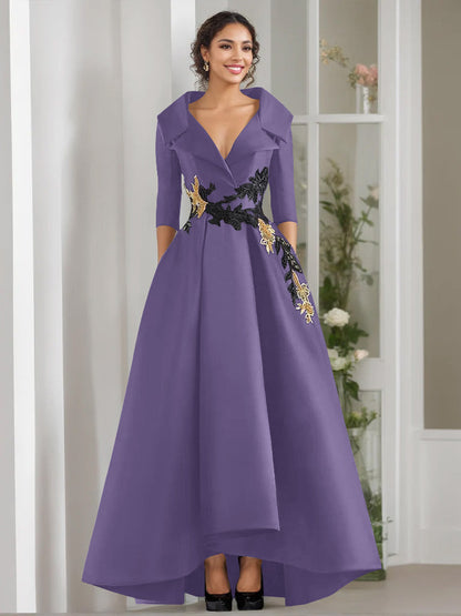 A-Line/Princess V-Neck 3/4 Sleeves Floor Length Mother of the Bride Dresses With Appliques & Beading