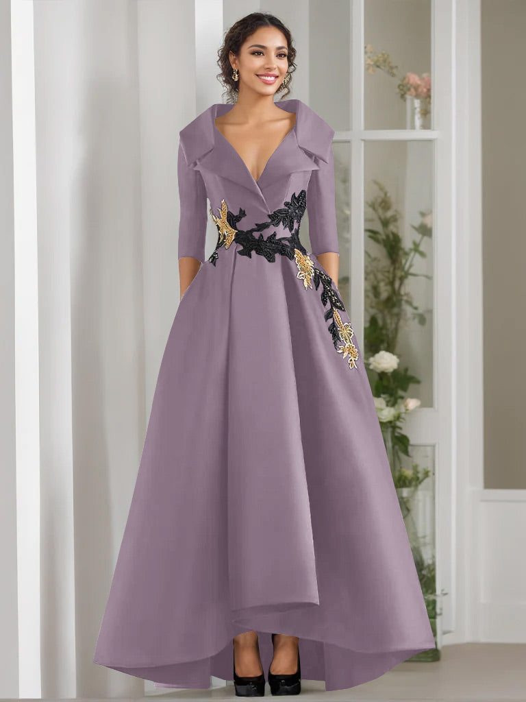 A-Line/Princess V-Neck 3/4 Sleeves Floor Length Mother of the Bride Dresses With Appliques & Beading