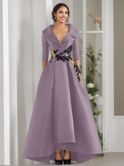 A-Line/Princess V-Neck 3/4 Sleeves Floor Length Mother of the Bride Dresses With Appliques & Beading