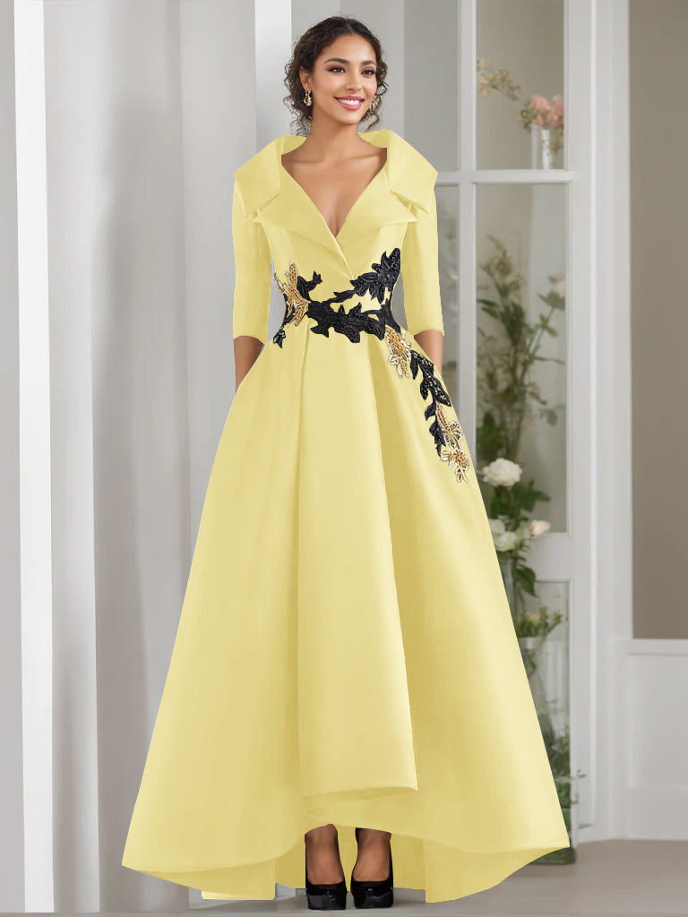 A-Line/Princess V-Neck 3/4 Sleeves Floor Length Mother of the Bride Dresses With Appliques & Beading