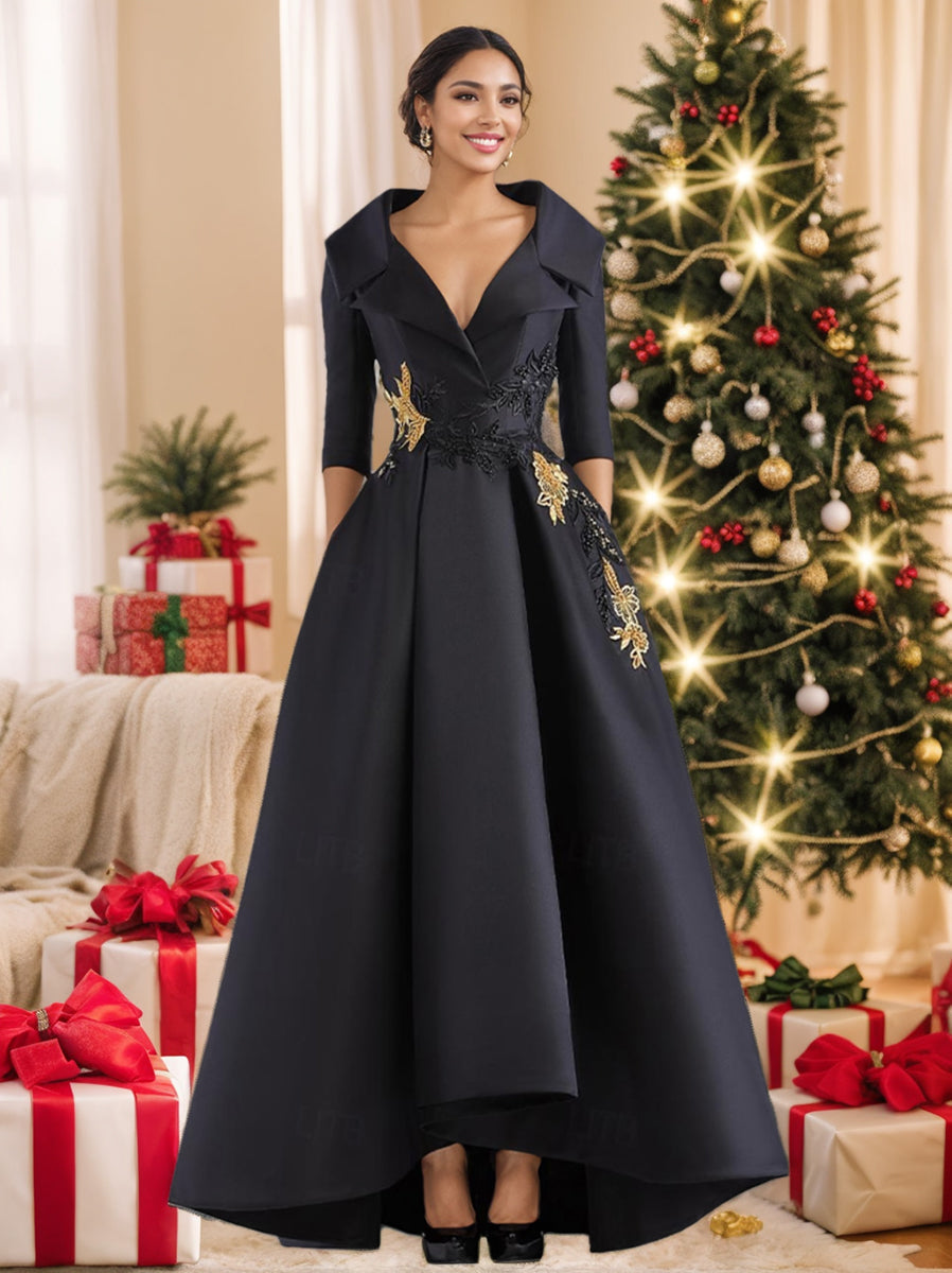 A-Line/Princess V-Neck 3/4 Sleeves Floor Length Mother of the Bride Dresses With Appliques & Beading