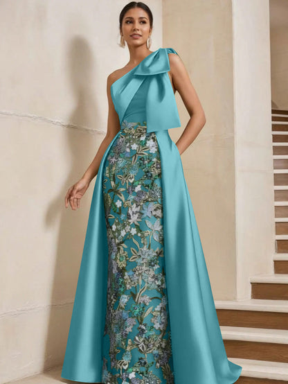 Column One-Shoulder Satin Mother of the Bride Dresses with Overskirt