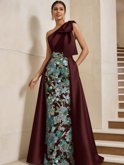 Column One-Shoulder Satin Mother of the Bride Dresses with Overskirt