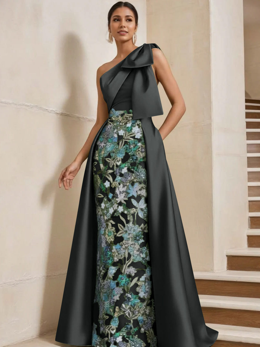 Column One-Shoulder Satin Mother of the Bride Dresses with Overskirt