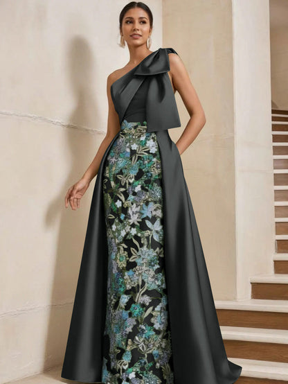 Column One-Shoulder Satin Mother of the Bride Dresses with Overskirt