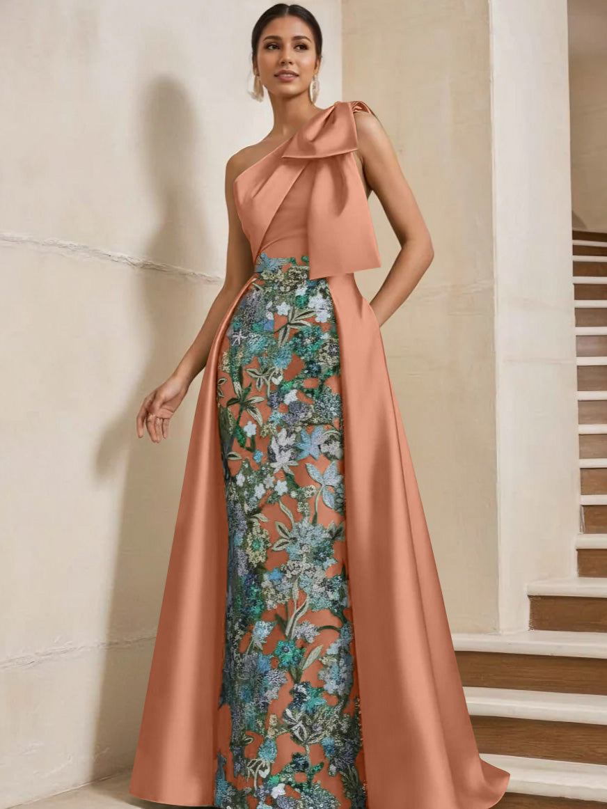 Column One-Shoulder Satin Mother of the Bride Dresses with Overskirt