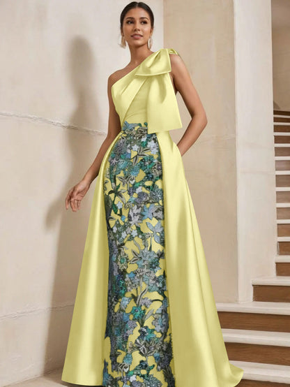 Column One-Shoulder Satin Mother of the Bride Dresses with Overskirt
