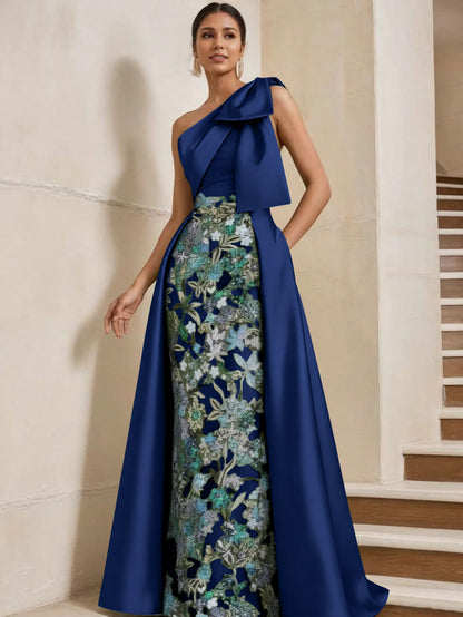 Column One-Shoulder Satin Mother of the Bride Dresses with Overskirt