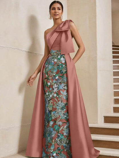 Column One-Shoulder Satin Mother of the Bride Dresses with Overskirt