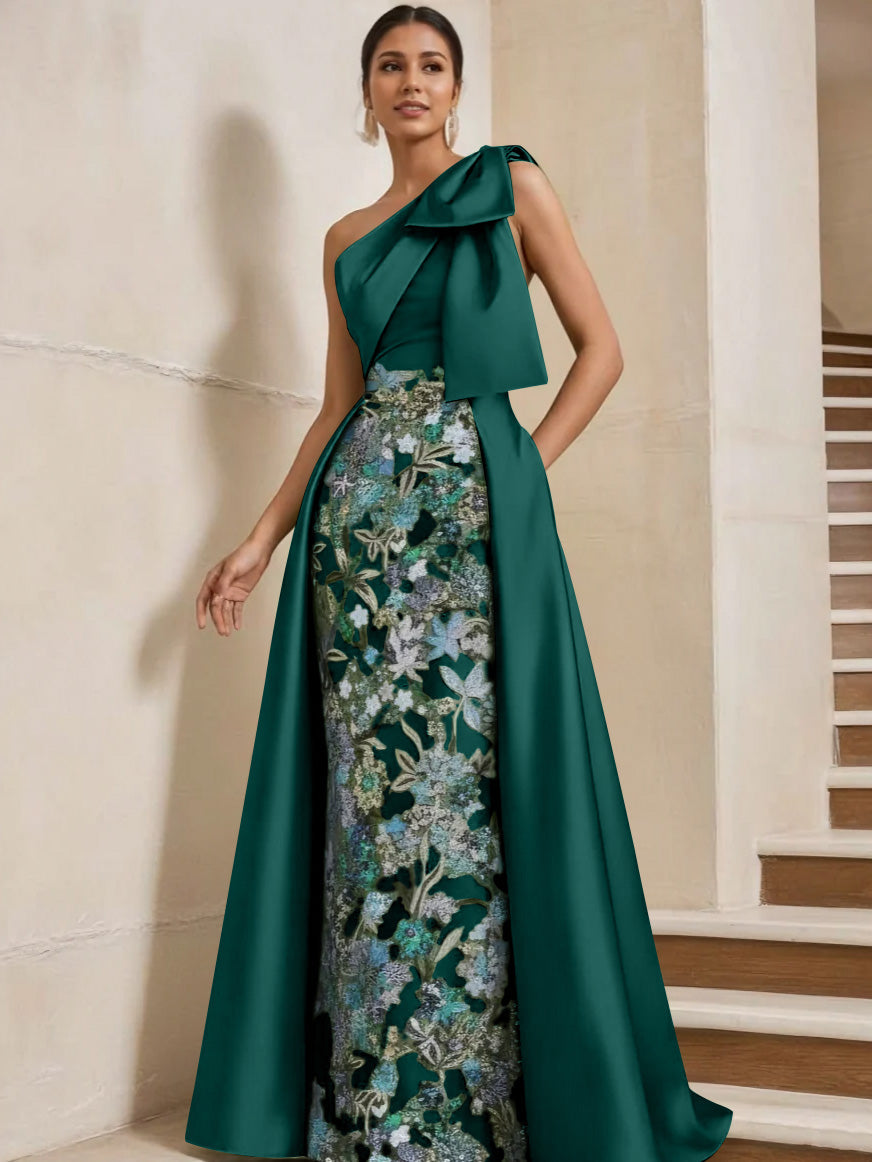 Column One-Shoulder Satin Mother of the Bride Dresses with Overskirt