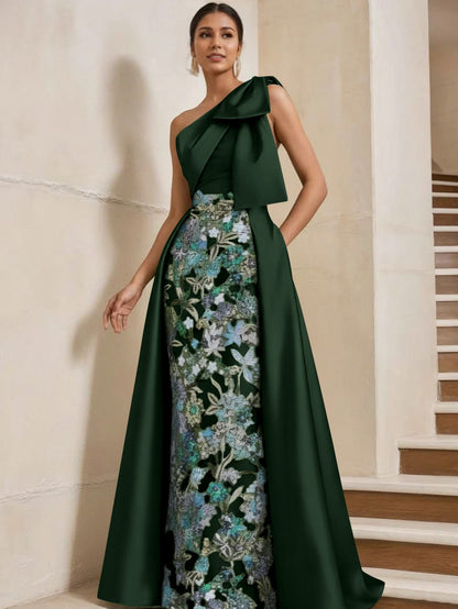 Column One-Shoulder Satin Mother of the Bride Dresses with Overskirt