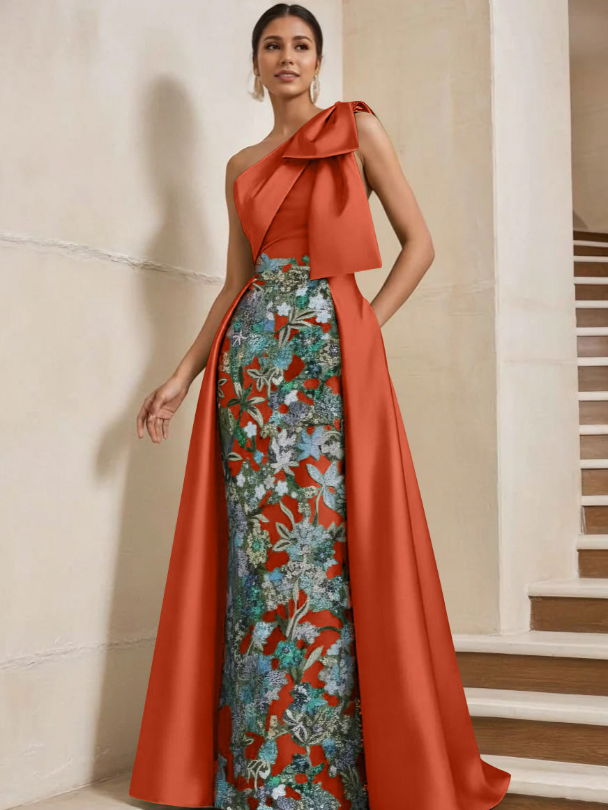 Column One-Shoulder Satin Mother of the Bride Dresses with Overskirt
