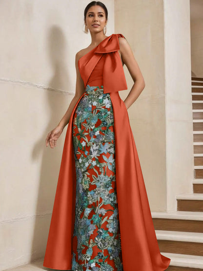 Column One-Shoulder Satin Mother of the Bride Dresses with Overskirt