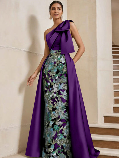 Column One-Shoulder Satin Mother of the Bride Dresses with Overskirt