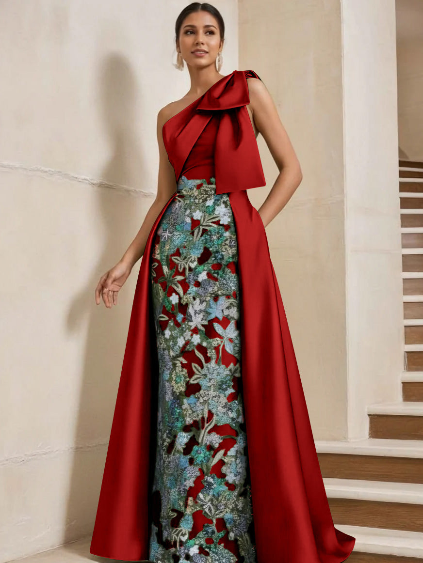 Column One-Shoulder Satin Mother of the Bride Dresses with Overskirt