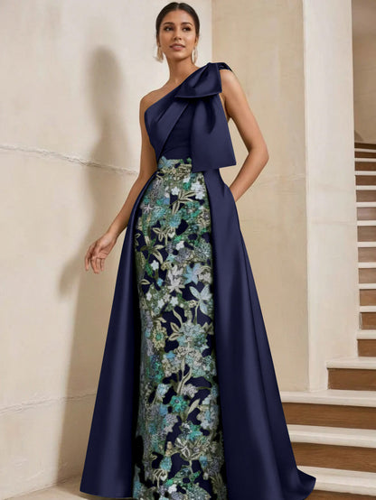 Column One-Shoulder Satin Mother of the Bride Dresses with Overskirt
