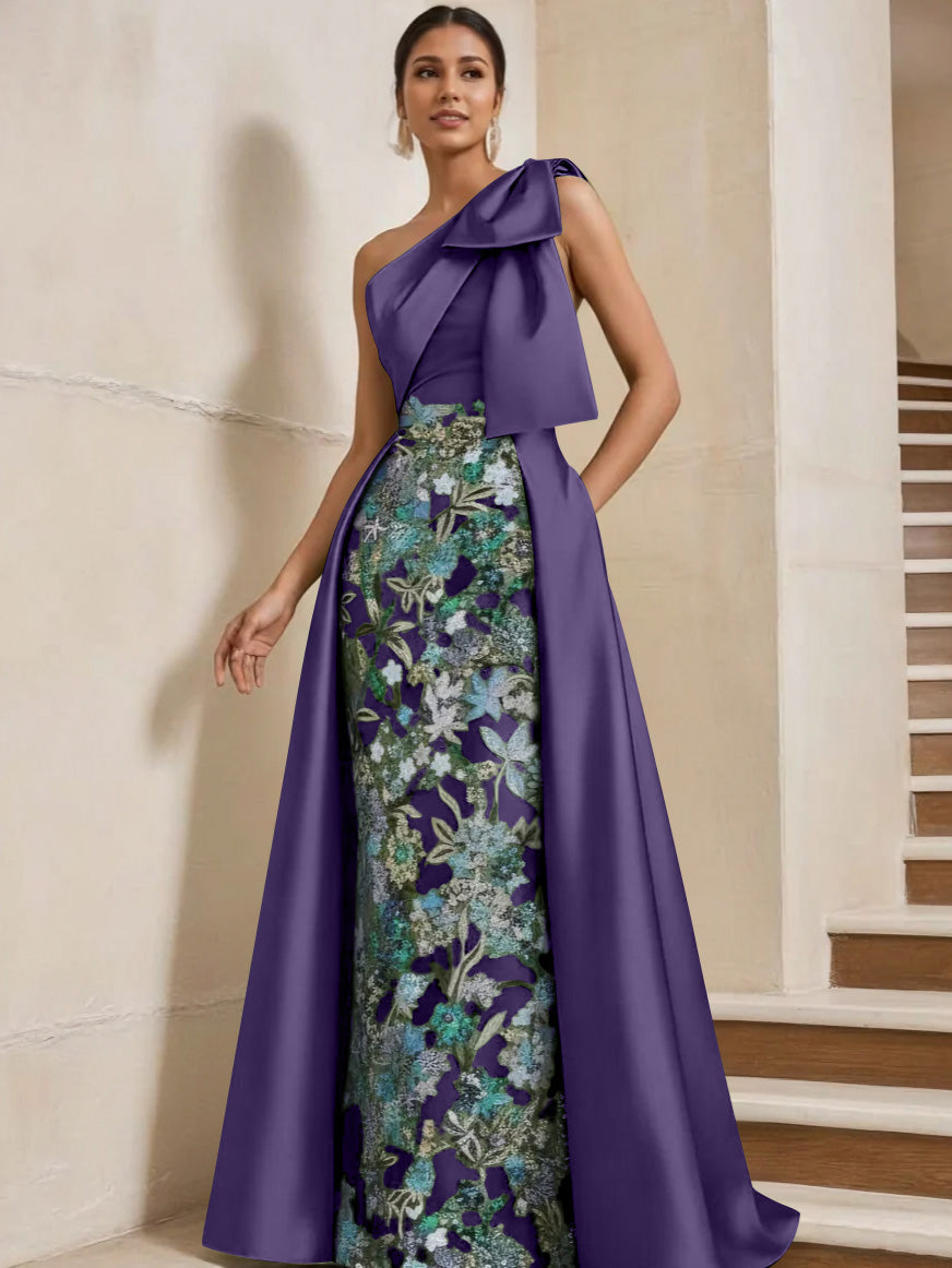Column One-Shoulder Satin Mother of the Bride Dresses with Overskirt