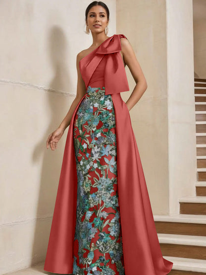 Column One-Shoulder Satin Mother of the Bride Dresses with Overskirt