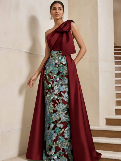 Column One-Shoulder Satin Mother of the Bride Dresses with Overskirt