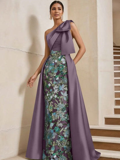 Column One-Shoulder Satin Mother of the Bride Dresses with Overskirt