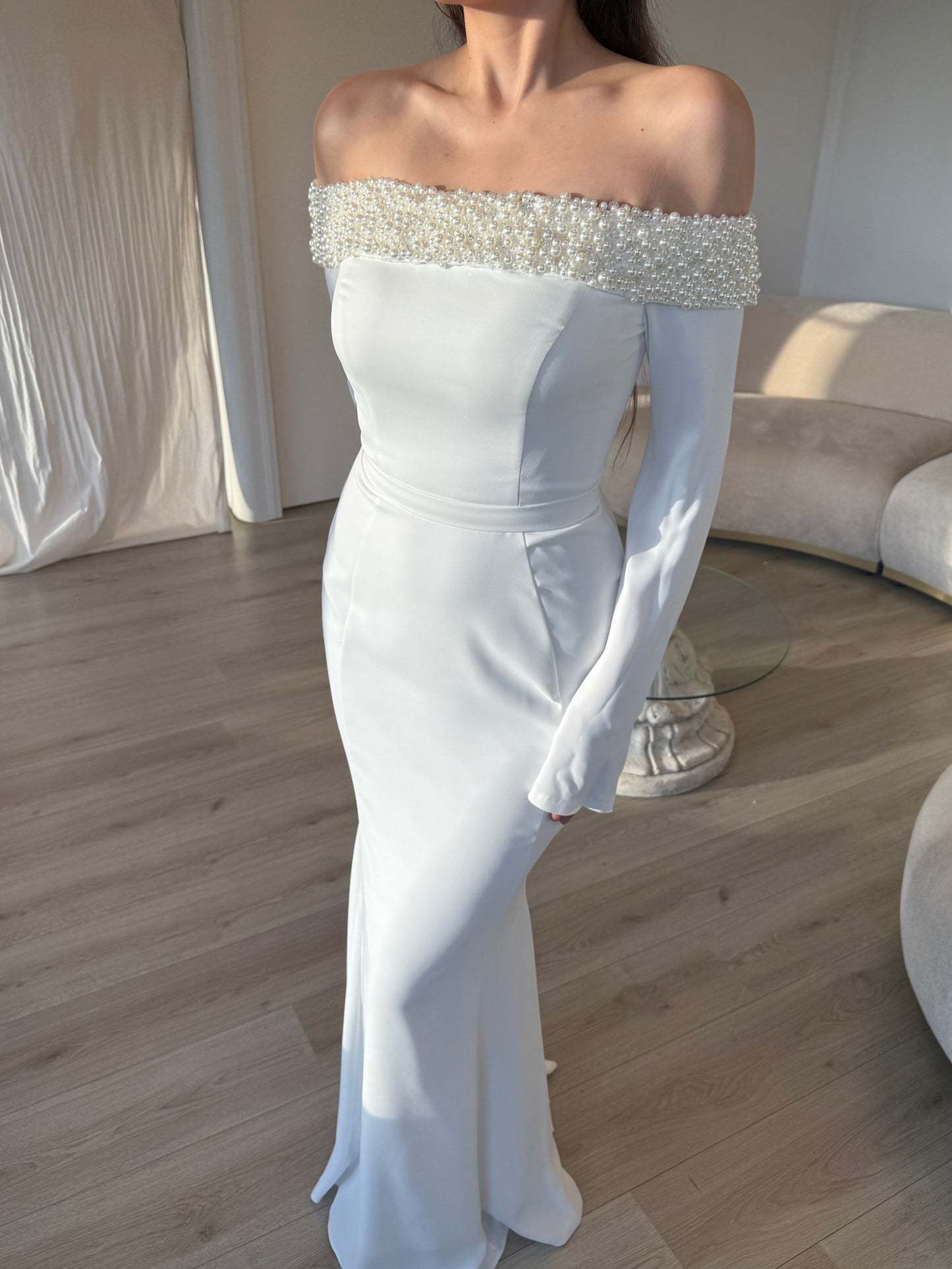 Sheath Beaded Off Shoulder Long Sleeves Floor Length Wedding Dress