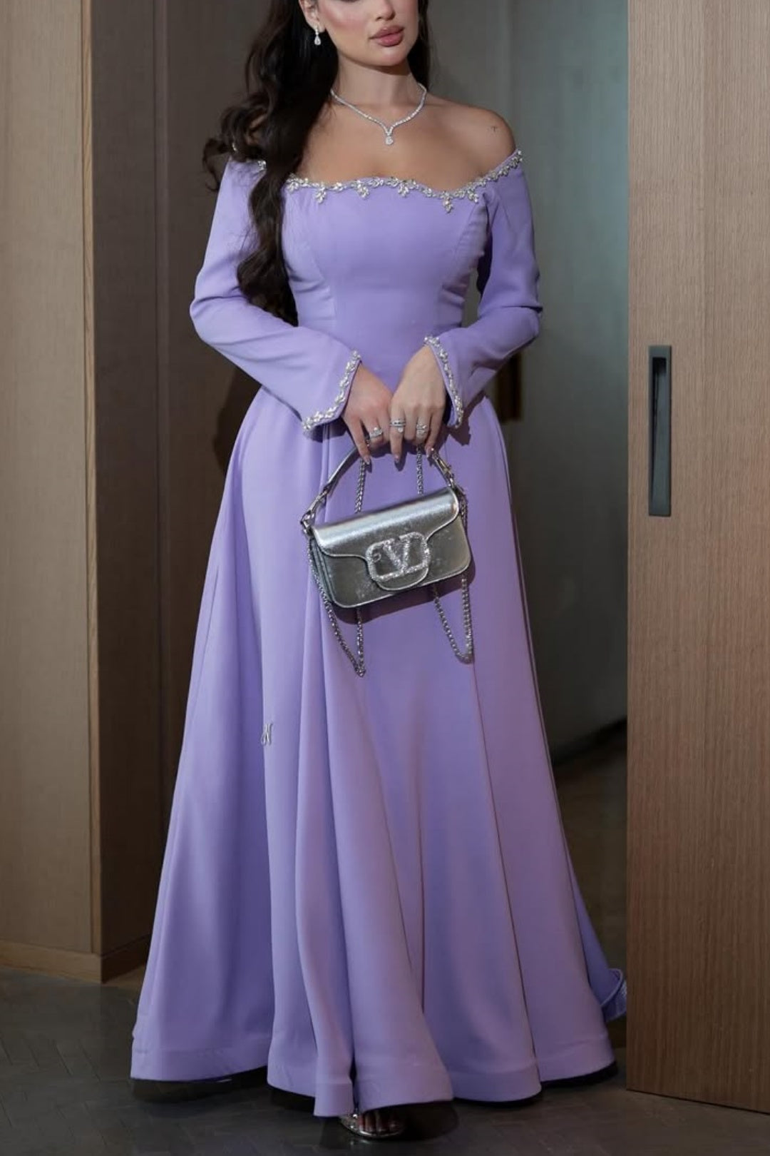 Purple Elegant Neckline Diamond-Encrusted Long Sleeve Evening Dress