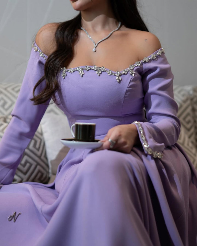 Purple Elegant Neckline Diamond-Encrusted Long Sleeve Evening Dress
