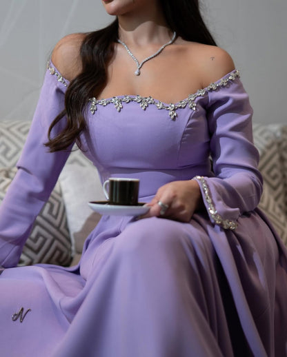 Purple Elegant Neckline Diamond-Encrusted Long Sleeve Evening Dress