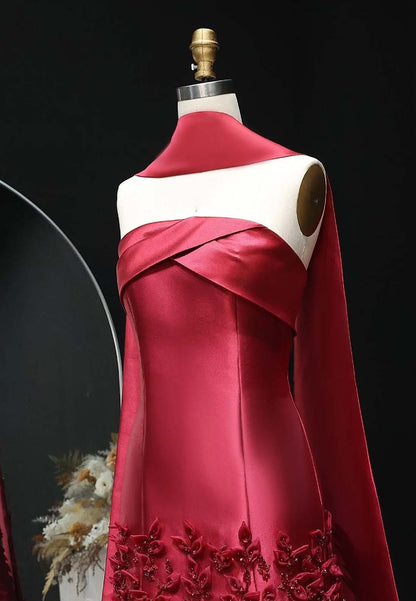 A-Line Strapless Pleated Beaded Strapless Sleeveless Floor Length Formal Dress with Cape
