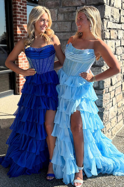 Ball Gown Strapless Royal Blue Ruffle Tiered Long Prom Dresses with Beadings