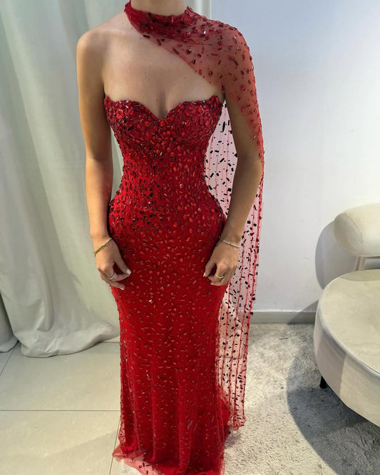 Beaded Straight Across Mermaid Red Glamorous Prom Dress With Scarf