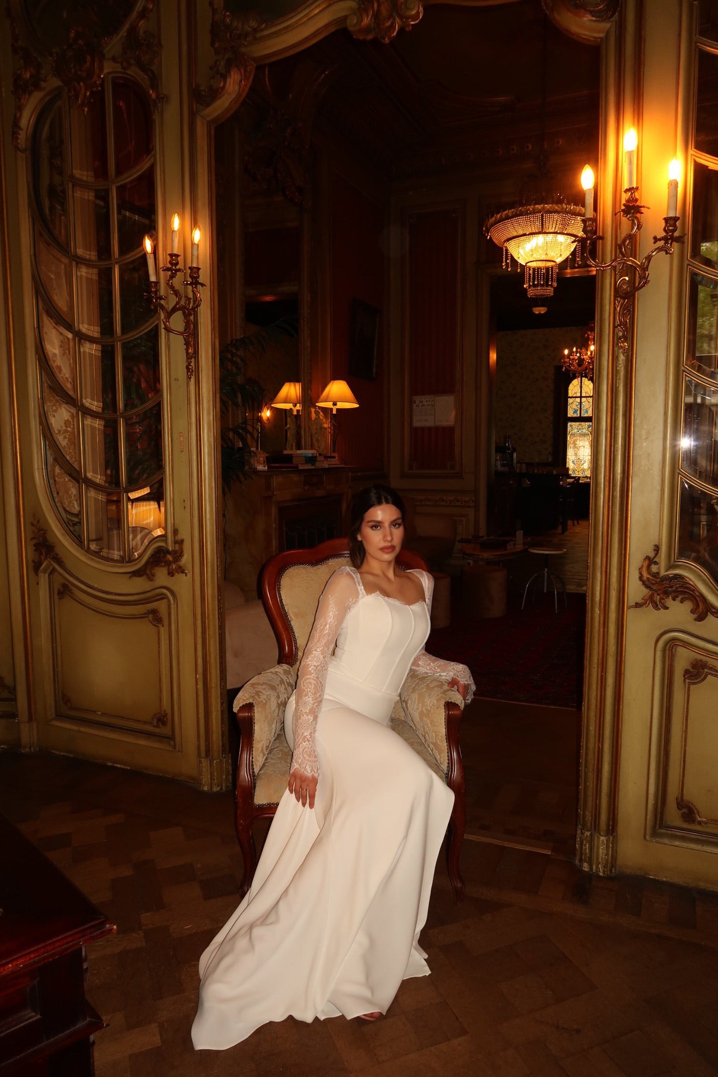 Sheath Square Neck Long Sleeves Floor Length Wedding Dress