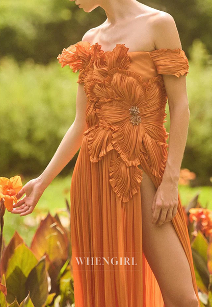 Orange Pleated Floral Side Slit Off Shoulder Column Evening Formal Dress
