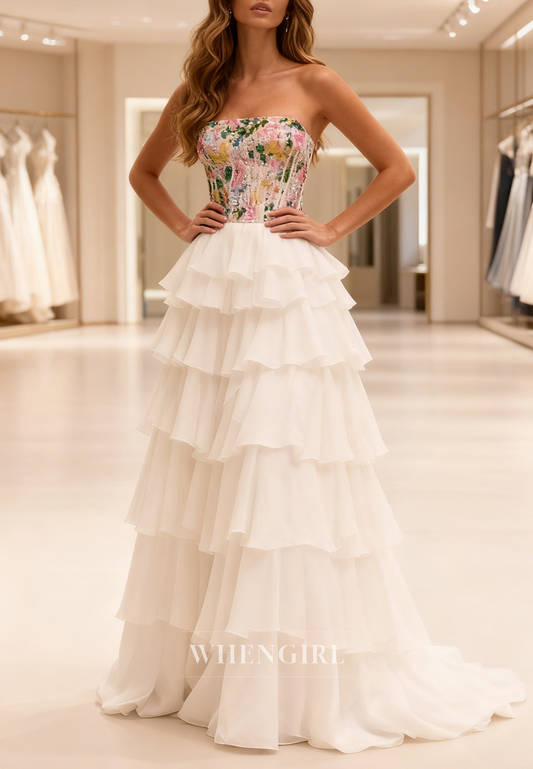 A-Line Tube Top Multi Tired Ruffles Back Zipper Prom Dress