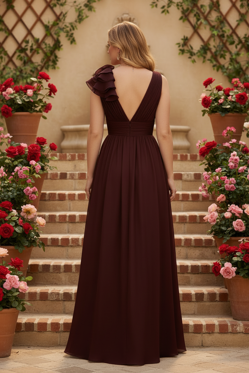 Burgundy Pleated V Neck with 3D Ruffle Mother of the Bride Dress