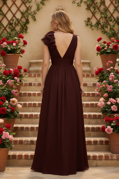 Burgundy Pleated V Neck with 3D Ruffle Mother of the Bride Dress