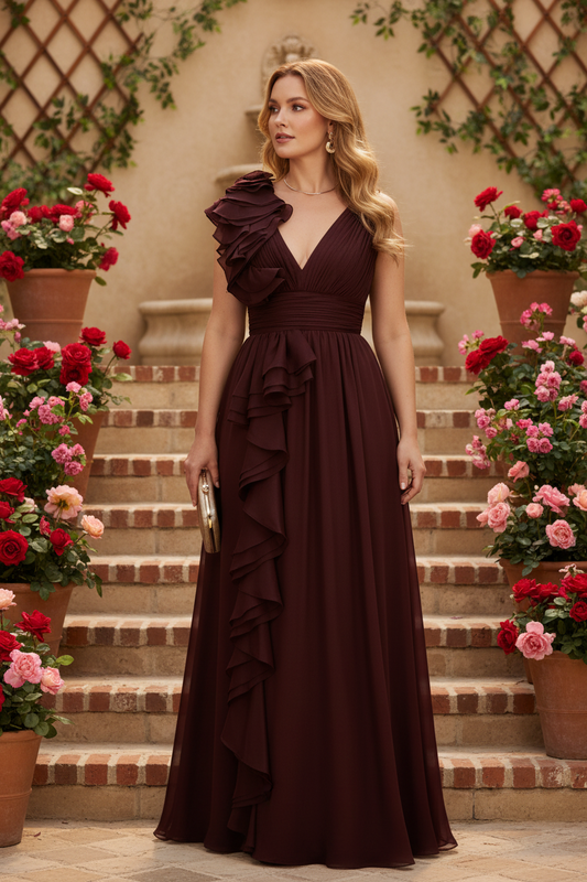 Burgundy Pleated V Neck with 3D Ruffle Mother of the Bride Dress