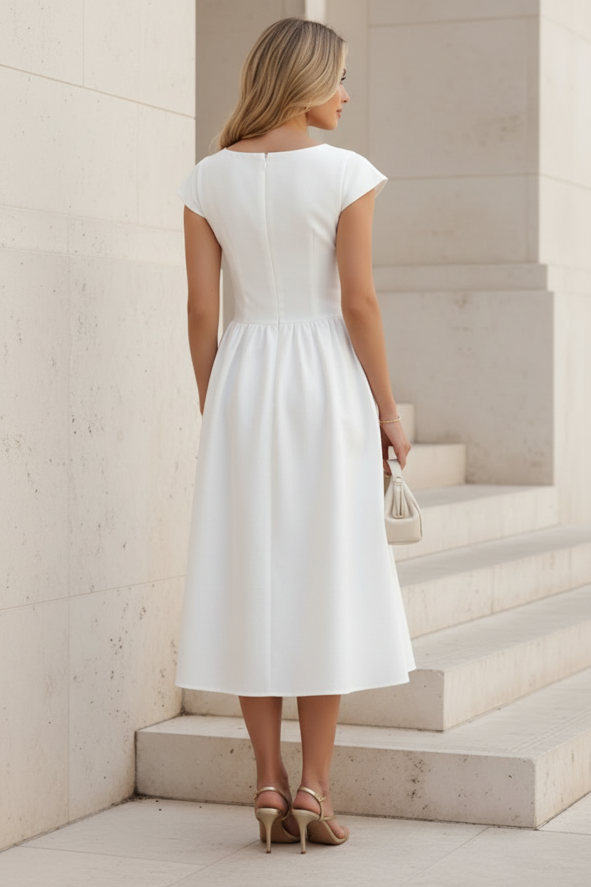 White Cap Sleeves A-Line Midi Dress
