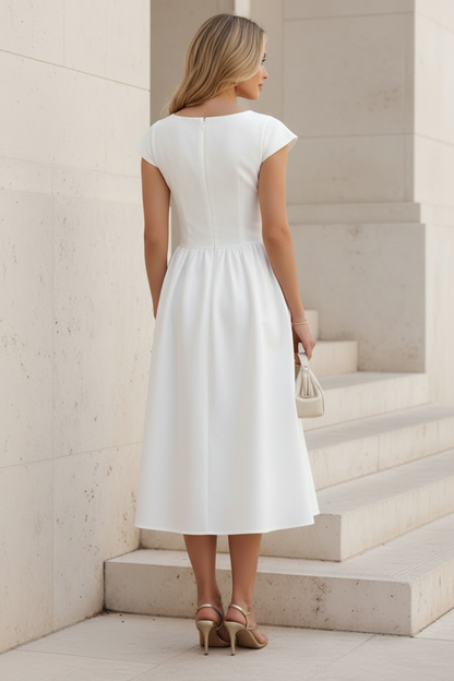 White Cap Sleeves A-Line Midi Dress