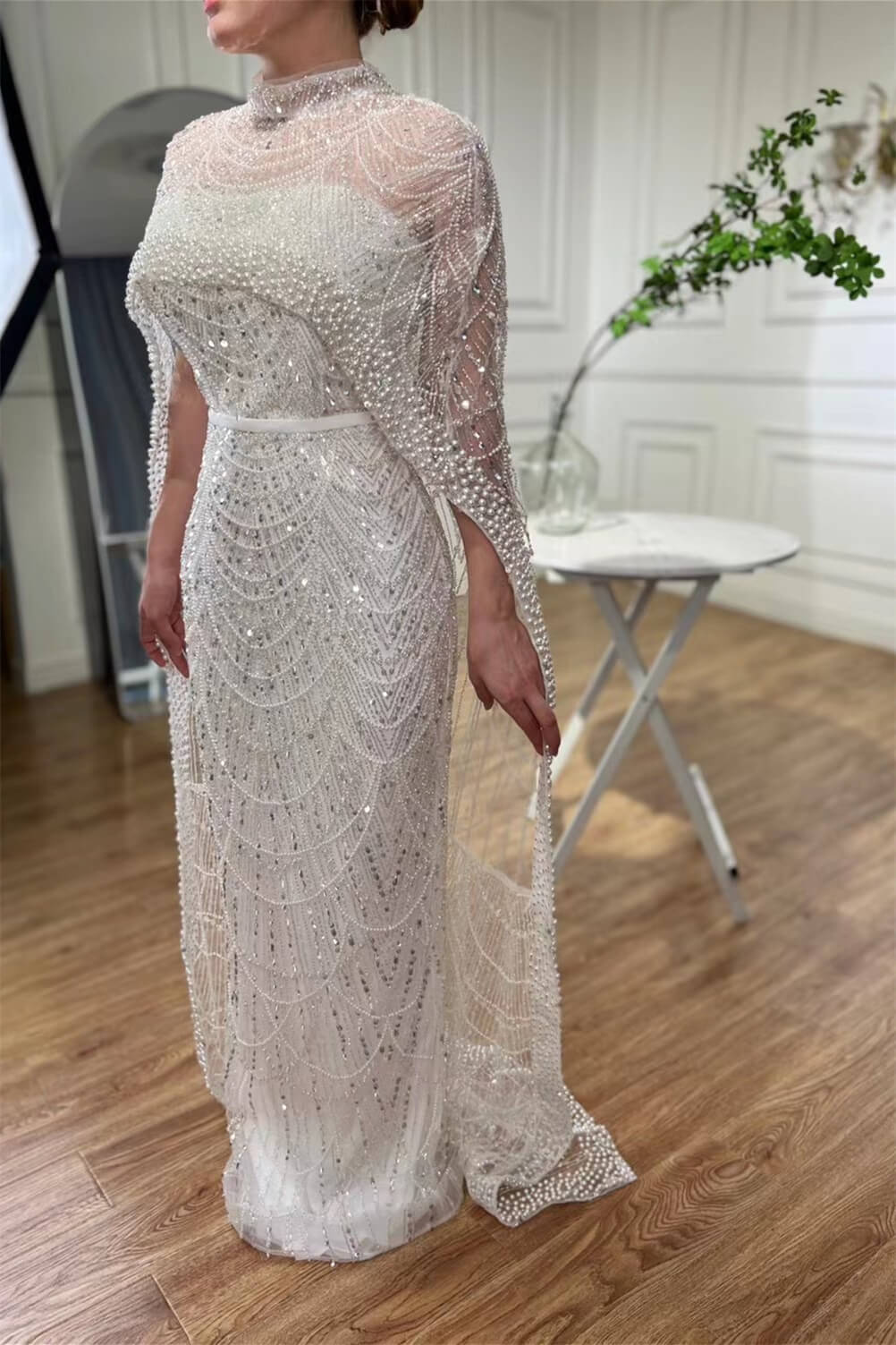 High Neck Sheath Pearls Prom Dresses With Cape Long Sequins Beads