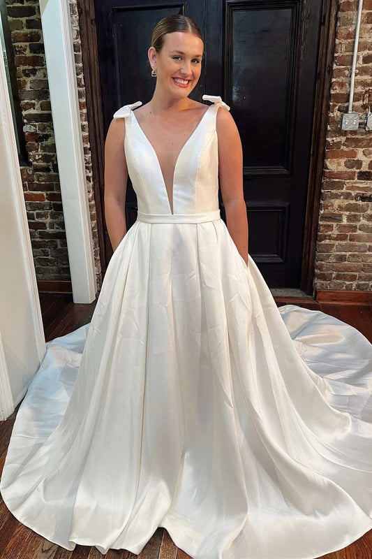 Satin Plunge V Long Wedding Dress with Bows