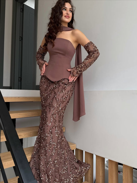 Sequins Brown Straight Across Mermaid Elegant Prom Dress With Scarf