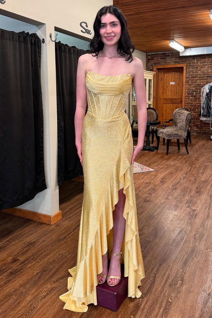 Mermaid Strapless Yellow Beaded Long Prom Dresses for Women Party Gowns