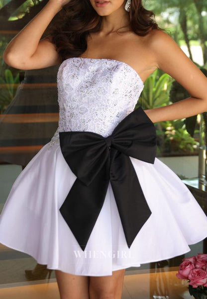 A-Line Tube Top Bowknot Sleeveless Beaded Short Homecoming Dress