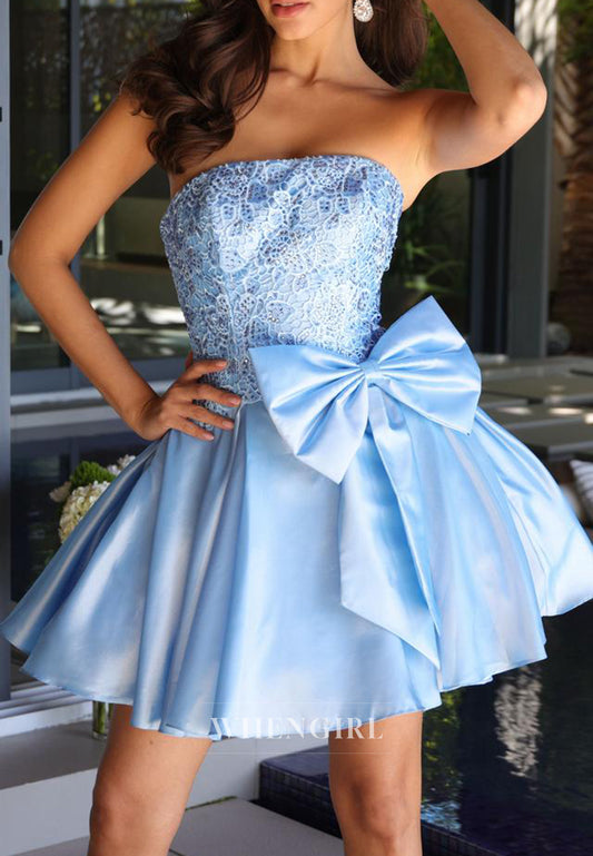 A-Line Tube Top Bowknot Sleeveless Beaded Short Homecoming Dress