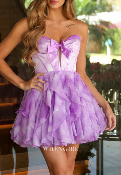Sweetheart A-Line Sleeveless Ruffles Multi Tiered Bowknot Short Homecoming Dress