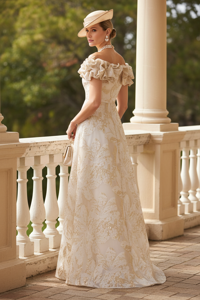 Champagne Off Shoulder Floral Neckling Column Gown